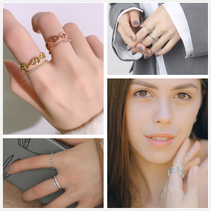 Honsny 12PCS Silver Plated Rings Adjustable Open Rings for Women Cute Stackable Thumb Rings Joint Chain Midi FingerArrow Knot Wave Band Rings Set - Image 5