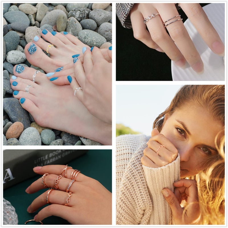 Honsny 12PCS Silver Plated Rings Adjustable Open Rings for Women Cute Stackable Thumb Rings Joint Chain Midi FingerArrow Knot Wave Band Rings Set - Image 3