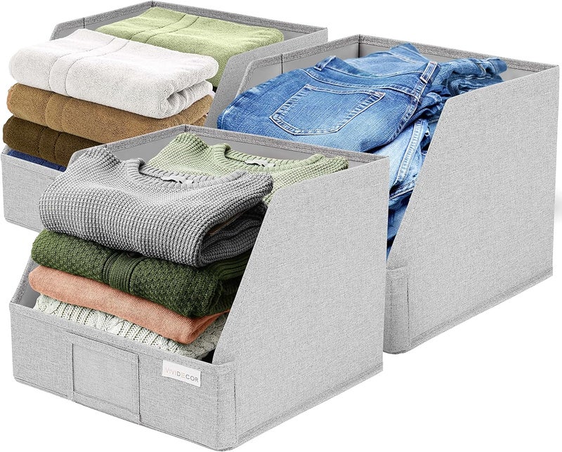 VIVIDECOR Trapezoid Closet Bins for Shelves – 12x12x10 Fabric Storage Baskets, Closet Organizers Bins, Open Front Fabric Baskets, Collapsible Organizer Boxes for Clothes, Linen – Light Gray, 3 Pack - Image 1