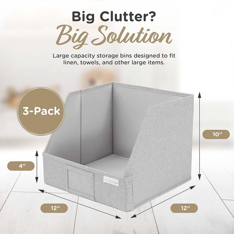 VIVIDECOR Trapezoid Closet Bins for Shelves – 12x12x10 Fabric Storage Baskets, Closet Organizers Bins, Open Front Fabric Baskets, Collapsible Organizer Boxes for Clothes, Linen – Light Gray, 3 Pack - Image 4