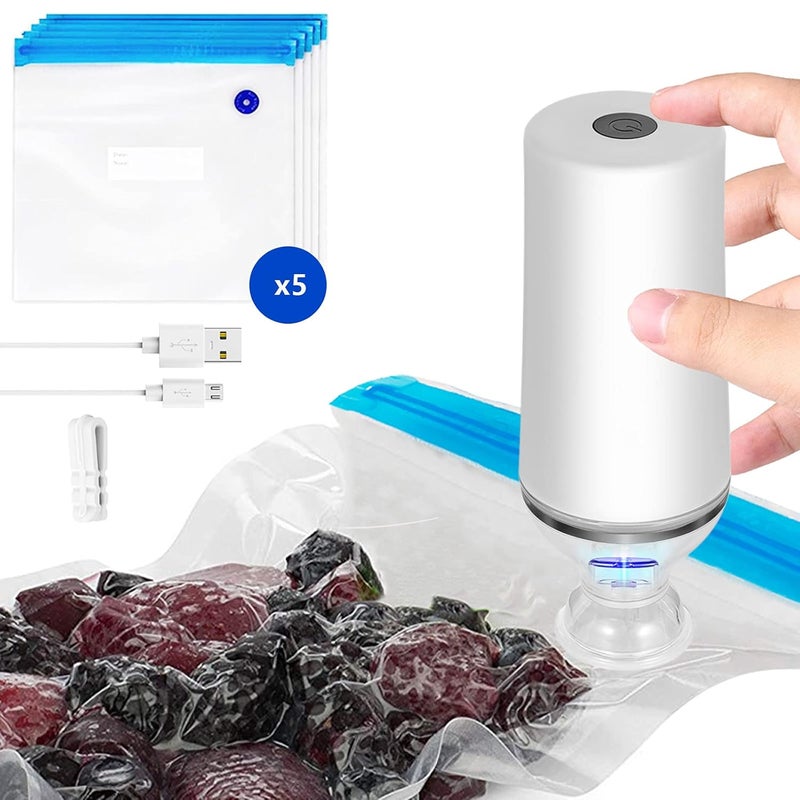 VICARKO Vacuum Food Sealer Save Sealer USB Rechargeable Handheld Pump for Sous Vide and Food Storage with 5 Reusable Zipper Vacuum Bags Compatible with Anova Joule Sous Vide Machine - Image 1
