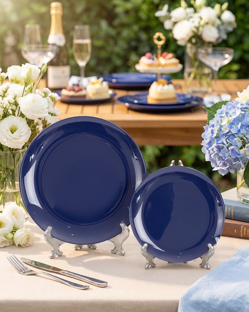 PULOTE 100PCS Blue Plastic Plates - Heavy Duty Navy Blue Disposable - Include 50PCS 10.25inch Dinner & 50PCS 7.5 inch Dessert/Salad Plates - Ideal for Party & Labor Day - Image 4