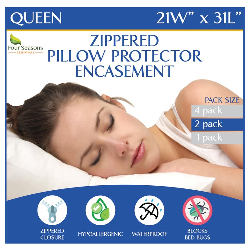 Four Seasons Essentials Queen Size Waterproof Pillow Protectors Set of 2  Zippered Hypoallergenic Pillowcase Cover Allergen Dust Proof Encasement 