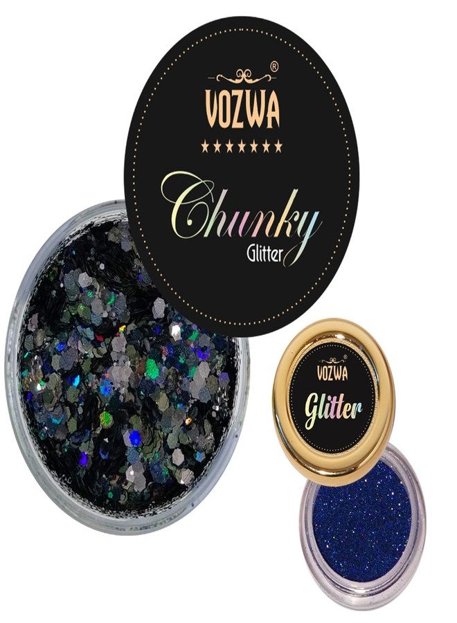 Vozwa Black Beauty Eyeshadow Chunky Glitter and Holographic Blue Eye Glitter - Image 2