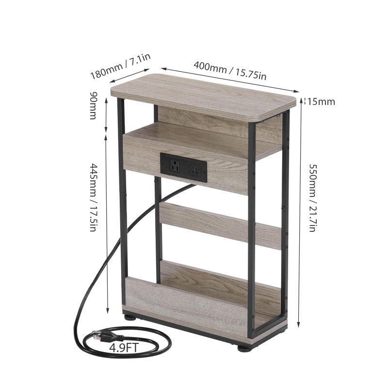 YEAKOO Narrow Side Table with Charging Station, 3-Tier End Table with 2 USB Ports & Power Outlets,Thin Sofa Side Table for Narrow and Small Spaces, Bedside Table Nightstand for Living Room,Oak - Image 4