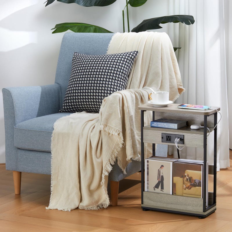 YEAKOO Narrow Side Table with Charging Station, 3-Tier End Table with 2 USB Ports & Power Outlets,Thin Sofa Side Table for Narrow and Small Spaces, Bedside Table Nightstand for Living Room,Oak - Image 2