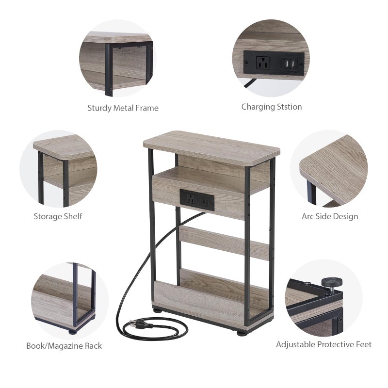 YEAKOO Narrow Side Table with Charging Station, 3-Tier End Table with 2 USB Ports & Power Outlets,Thin Sofa Side Table for Narrow and Small Spaces, Bedside Table Nightstand for Living Room,Oak - Image 3