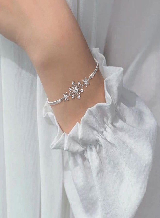 Flyonce Snowflake Bracelets for Women, Sparkle White Cubic Zirconia Snow Flake Flower Bangle Link Bracelet Christmas Jewelry Gift - Image 3