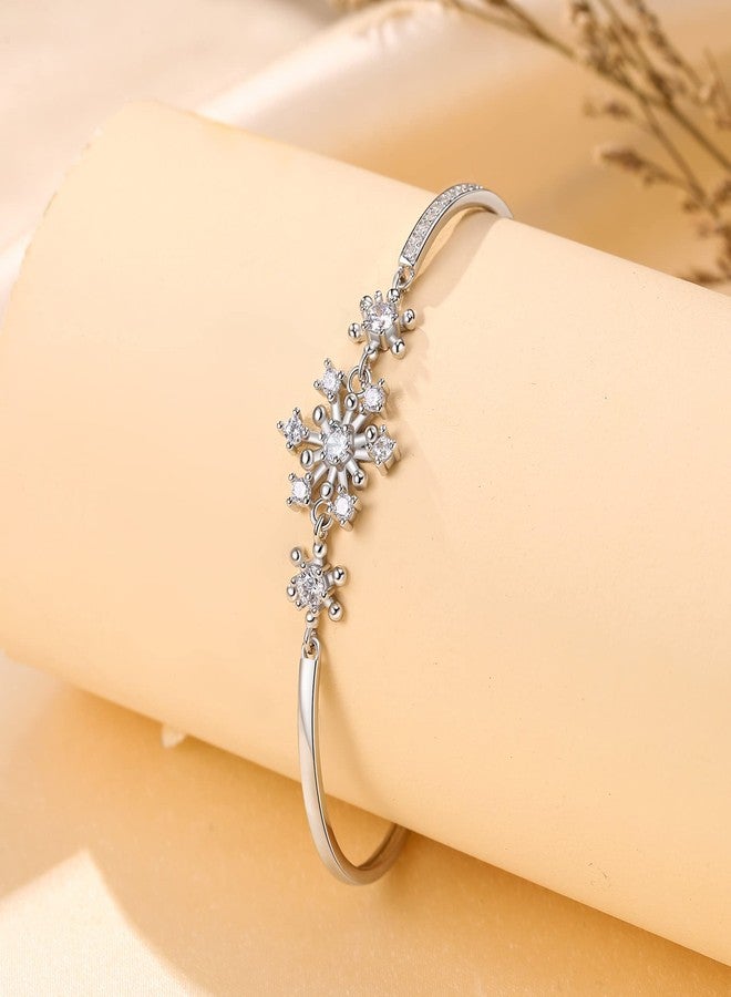 Flyonce Snowflake Bracelets for Women, Sparkle White Cubic Zirconia Snow Flake Flower Bangle Link Bracelet Christmas Jewelry Gift - Image 2