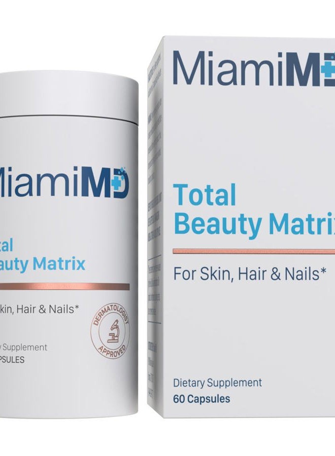 MiamiMD Total Beauty Matrix Collagen Supplements for Women - Collagen Capsules with Vitamin C for Hair, Skin and Nails - Cruelty Free - 60 Capsules - Image 1
