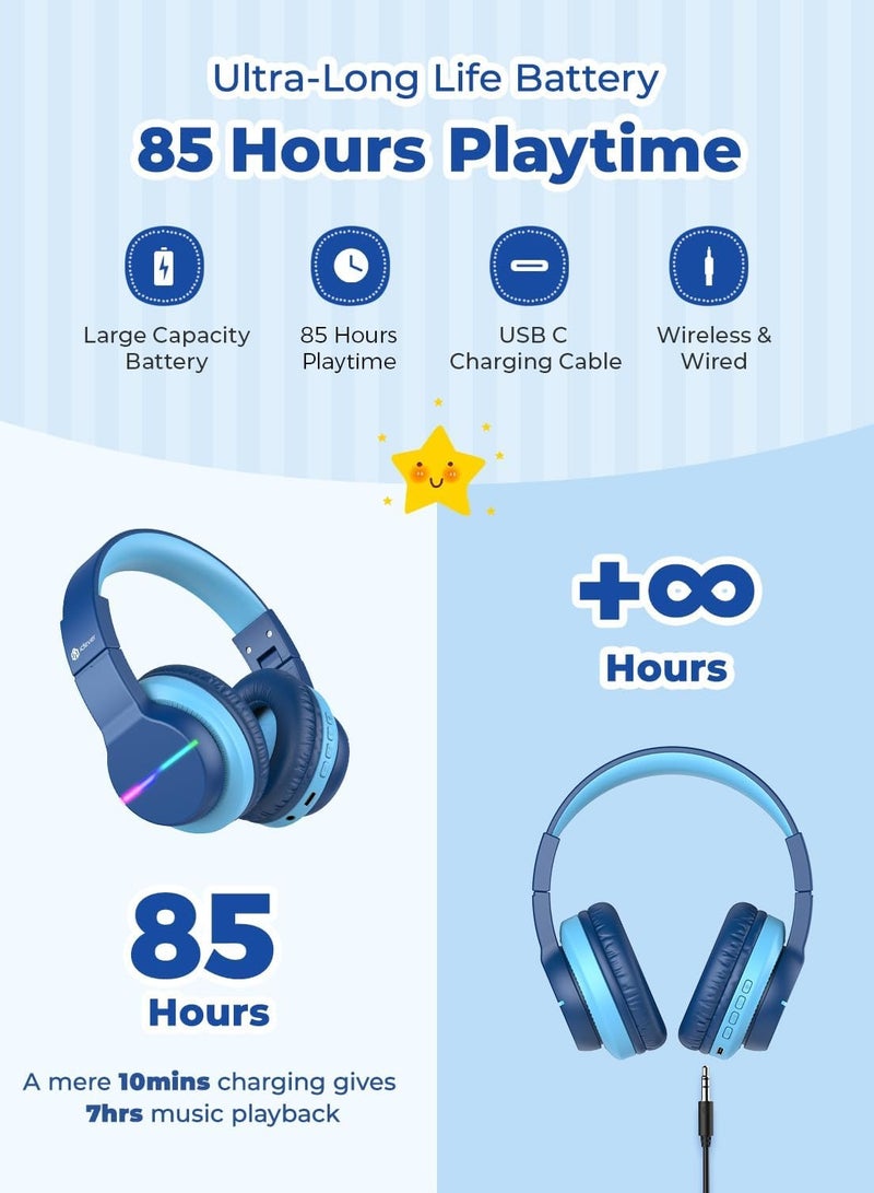 iClever سماعات بلوتوث للأطفال، BTH12 سماعات لاسلكية ملونة مع أضواء LED، فوق الأذن مع حد حجم 74/85/94dB، 55 ساعة من وقت التشغيل، بلوتوث 5.2، ميكروفون مدمج للمدرسة/اللوحة/الكمبيوتر الشخصي - Image 5