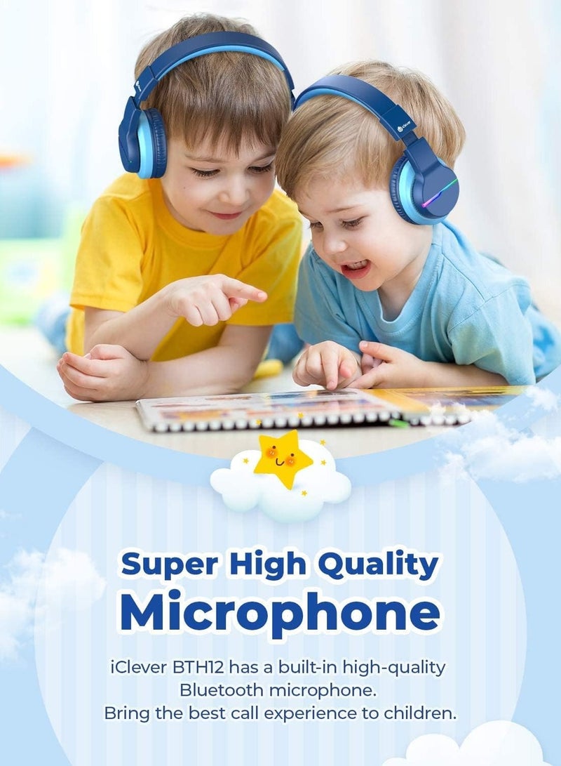 iClever سماعات بلوتوث للأطفال، BTH12 سماعات لاسلكية ملونة مع أضواء LED، فوق الأذن مع حد حجم 74/85/94dB، 55 ساعة من وقت التشغيل، بلوتوث 5.2، ميكروفون مدمج للمدرسة/اللوحة/الكمبيوتر الشخصي - Image 3