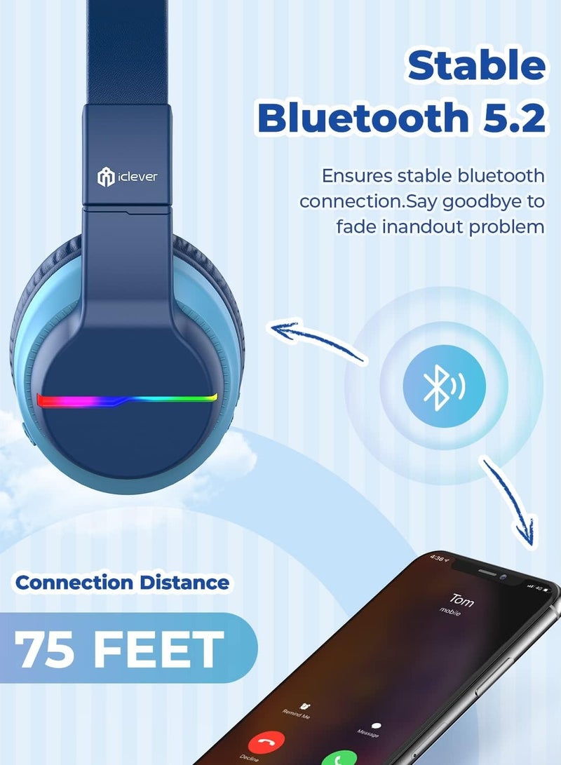 iClever سماعات بلوتوث للأطفال، BTH12 سماعات لاسلكية ملونة مع أضواء LED، فوق الأذن مع حد حجم 74/85/94dB، 55 ساعة من وقت التشغيل، بلوتوث 5.2، ميكروفون مدمج للمدرسة/اللوحة/الكمبيوتر الشخصي - Image 4