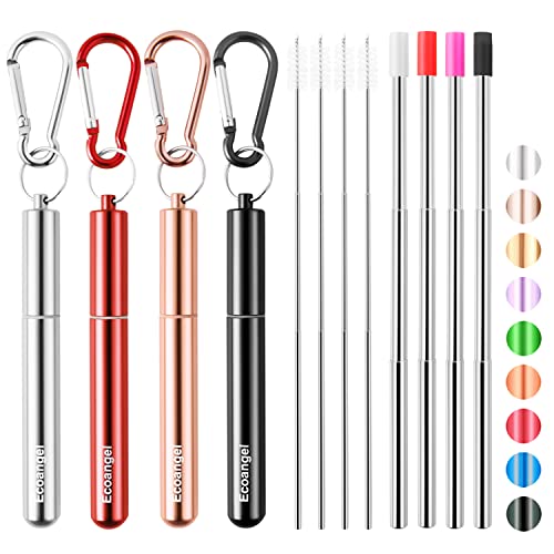 Ecoangel Ecoangel Cruise Ship Essentials4Pack reusable Collapsible Stainless Steel Drinking Straws with Aluminum CaseCleaning Brushand Keychains Blackrose goldsilverred