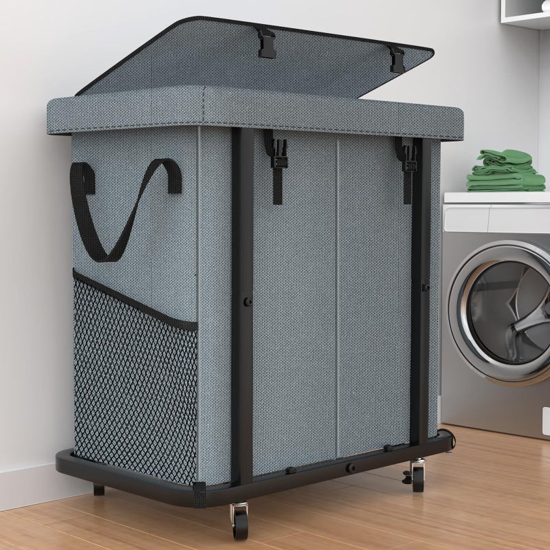 kunlabori 50 Gal(190L) High Grade Large Laundry Basket with Wheels, Rolling Laundry Hamper, Laundry Cart with Metal Frame and Removable Bag Design, Suitable for Laundry Room, Bedroom (Grey, 2 Section 190L) - Image 1