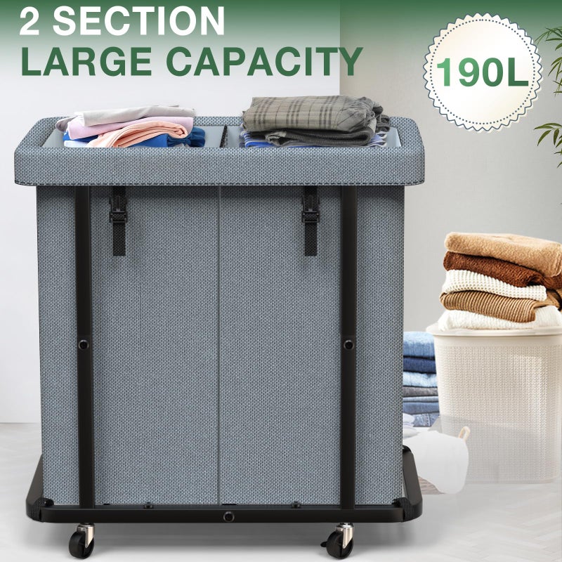 kunlabori 50 Gal(190L) High Grade Large Laundry Basket with Wheels, Rolling Laundry Hamper, Laundry Cart with Metal Frame and Removable Bag Design, Suitable for Laundry Room, Bedroom (Grey, 2 Section 190L) - Image 2