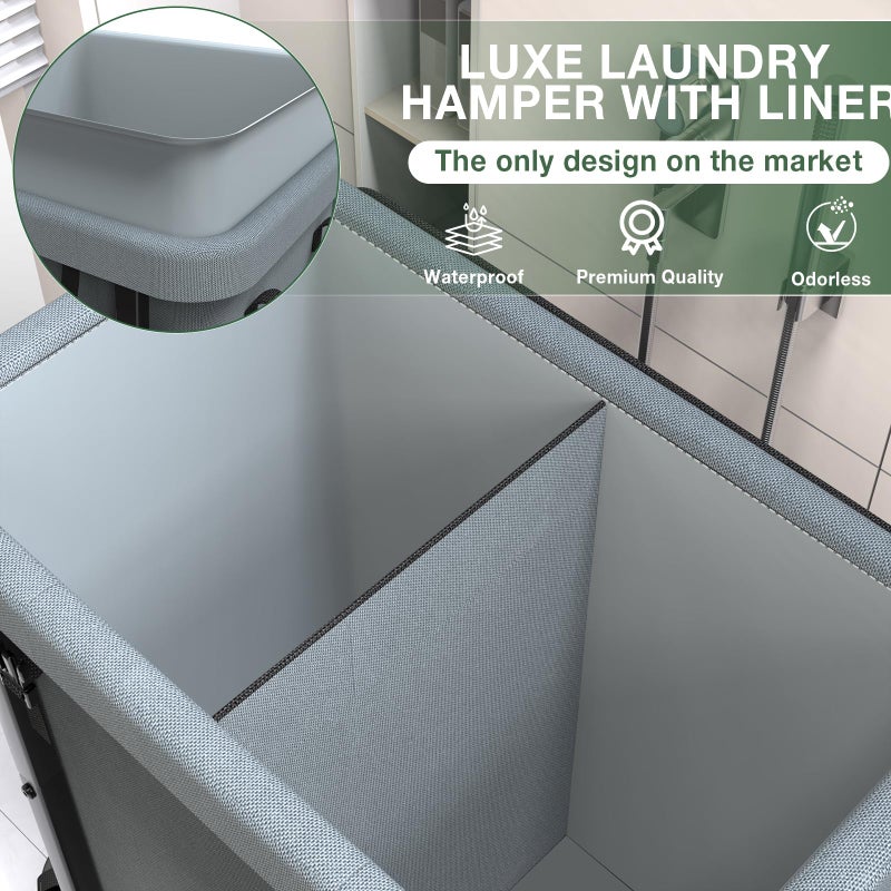 kunlabori 50 Gal(190L) High Grade Large Laundry Basket with Wheels, Rolling Laundry Hamper, Laundry Cart with Metal Frame and Removable Bag Design, Suitable for Laundry Room, Bedroom (Grey, 2 Section 190L) - Image 3