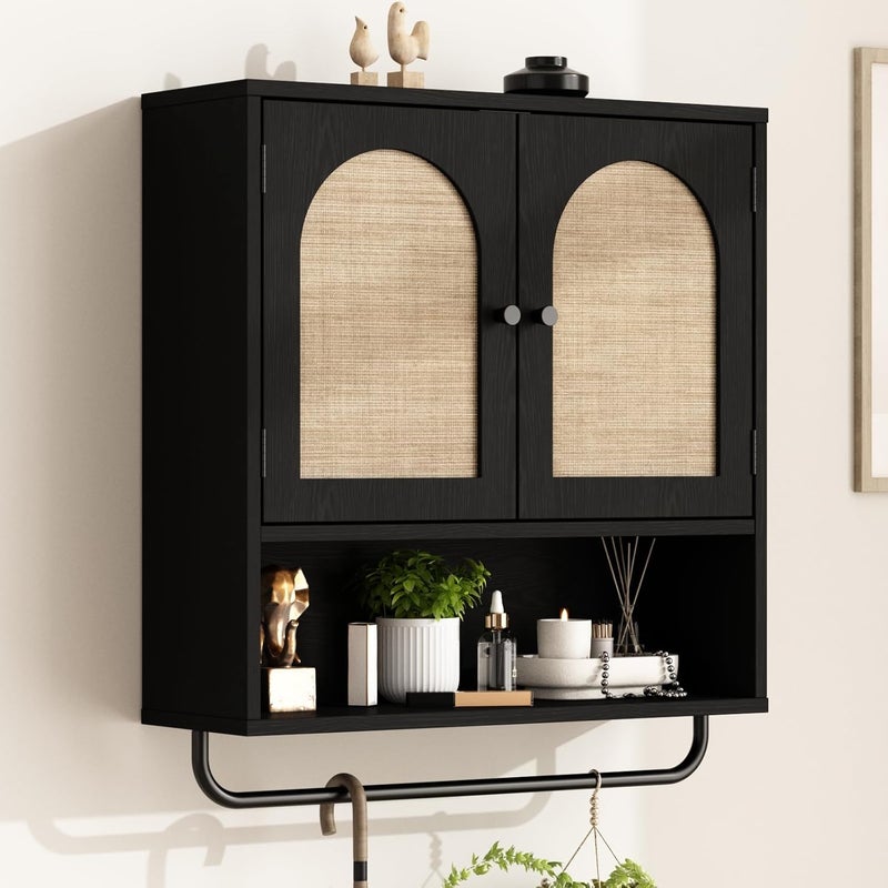 RUSTOWN Rattan Bathroom Wall Cabinet, Boho Medicine Cabinet with 2 Arched Doors, Farmhouse Over The Toilet Storage Cabinets with Adjustable Shelves & Towel Bar - Image 1