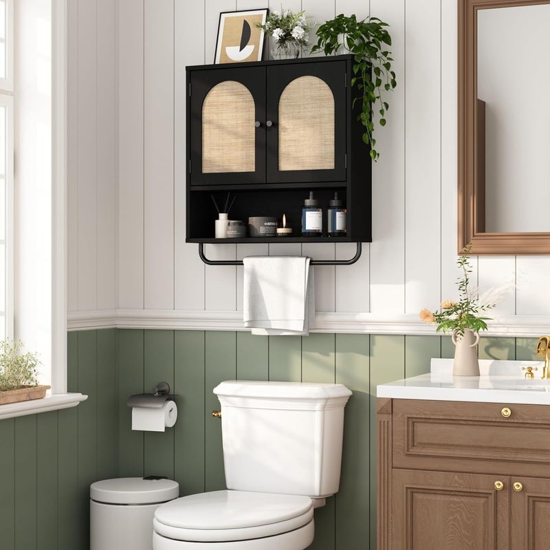 RUSTOWN Rattan Bathroom Wall Cabinet, Boho Medicine Cabinet with 2 Arched Doors, Farmhouse Over The Toilet Storage Cabinets with Adjustable Shelves & Towel Bar - Image 3