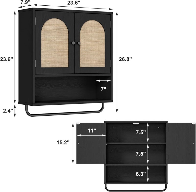RUSTOWN Rattan Bathroom Wall Cabinet, Boho Medicine Cabinet with 2 Arched Doors, Farmhouse Over The Toilet Storage Cabinets with Adjustable Shelves & Towel Bar - Image 2