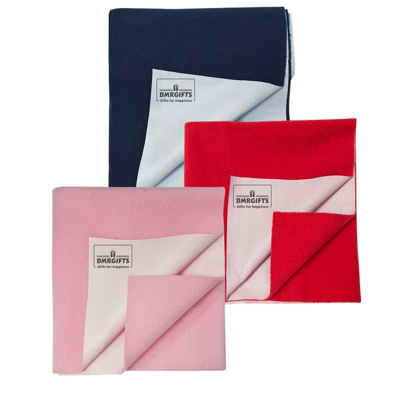 BMRGIFTS Cotton Extra Absorbent Waterproof Quick Dry Sheet for Baby Washable Mattress & Bed Protector Sheet for Toddler Children Pack of 3 Small Size, 50x70 cm Baby Pink, Dark Blue & Red - Image 1