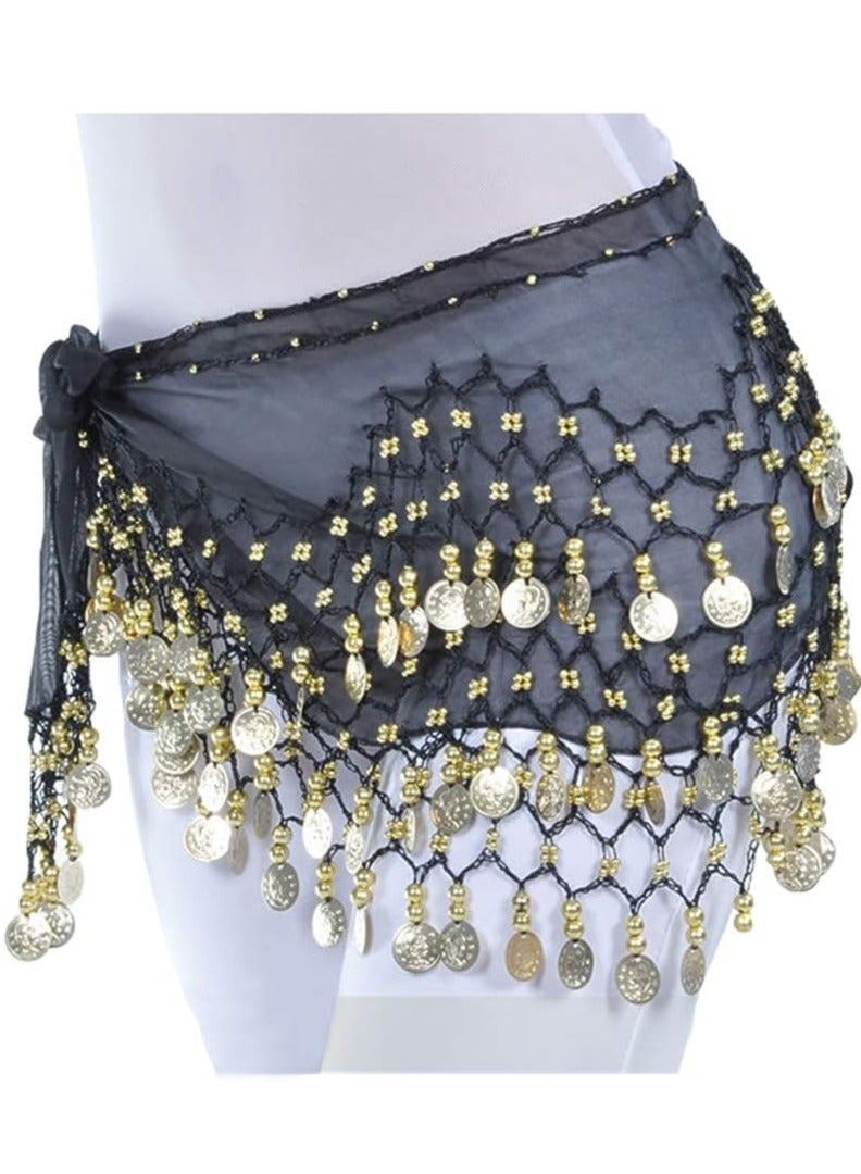 Belly Dance Skirt，128 Coins Belly Dance Hip Scarf Tribal Belt， Halloween Elf Costume Accessories ，Performance Costume(black)  - Image 1