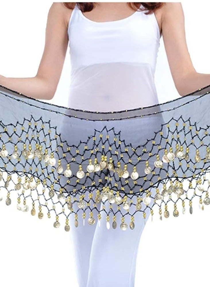 Belly Dance Skirt，128 Coins Belly Dance Hip Scarf Tribal Belt， Halloween Elf Costume Accessories ，Performance Costume(black)  - Image 2