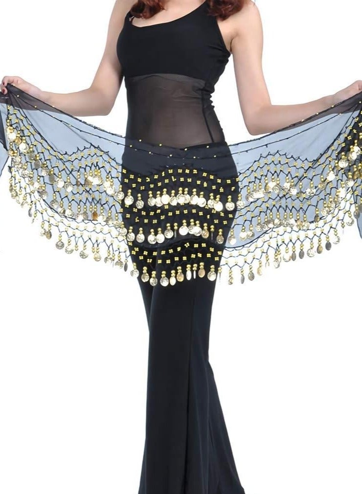 Belly Dance Skirt，128 Coins Belly Dance Hip Scarf Tribal Belt， Halloween Elf Costume Accessories ，Performance Costume(black)  - Image 3