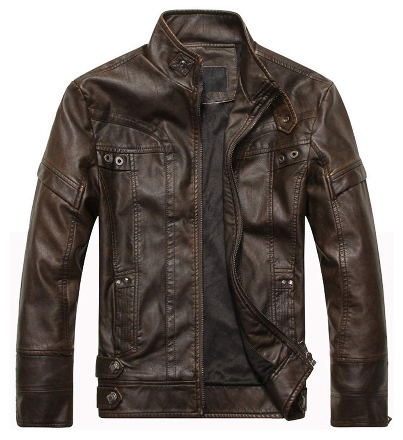 WULFUL Men's Vintage Stand Collar Leather Jacket Motorcycle PU Jacket and Coat - Image 1