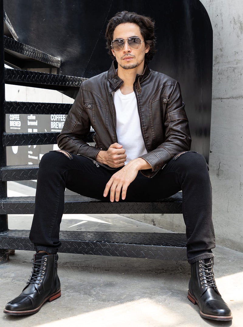WULFUL Men's Vintage Stand Collar Leather Jacket Motorcycle PU Jacket and Coat - Image 5