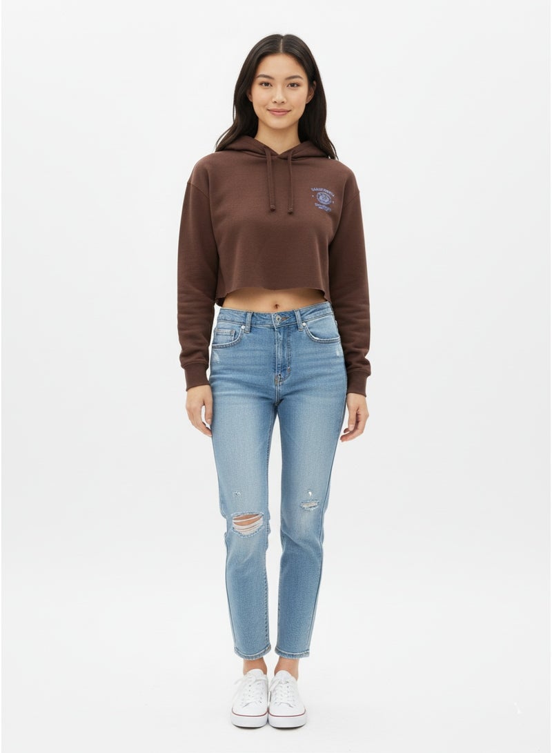 LOUD UNIVERSE هودي قصير بني للنساء - قمة كاجوال جرافيك ستريت وير - Image 1