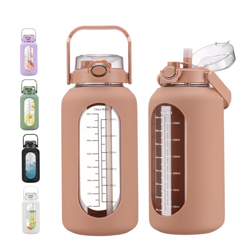 chunmo 74 oz Glass Water Bolttles with Straw Large Motivational Water Bottle with Time Marker Sports Water Bottles with Silicone Sleeve and Handle Lid 22L Water Jug for Gym Workout