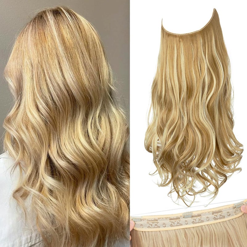 SARLA Invisible Wire Hair Extensions with 3 Clips Long Synthetic Wavy Curly Hairpiece Adjustable Transparent Headband for Women 16 Inch Honey BlondeBleach Blonde Highlights