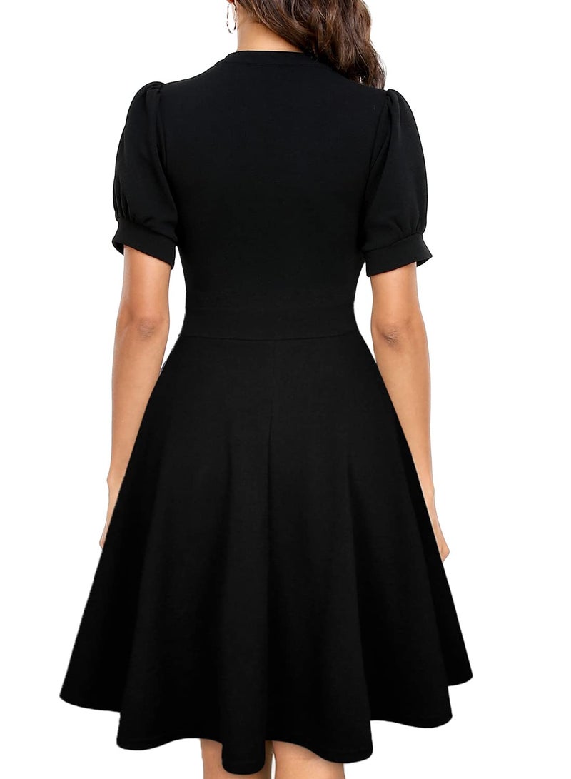 Mokayee Black Dresses for Women Funeral Summer Short Sleeve V Neck A Line Semi-Formal Swing Cocktail Modest Teacher Interview Dinner Business Wedding Guest Dresses with Pockets M - Image 2