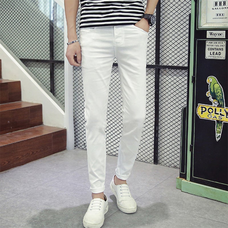 Autumn Mens Slim-Fit Denim Jeans Pure white pants 