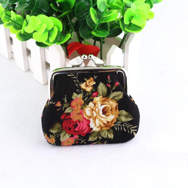 YSSZAM Clearance ! Cute Black Floral Buckle Coin Purses Vintage Pouch Kiss-lock Change Purse Wallets (9cmX7cm) - Image 2