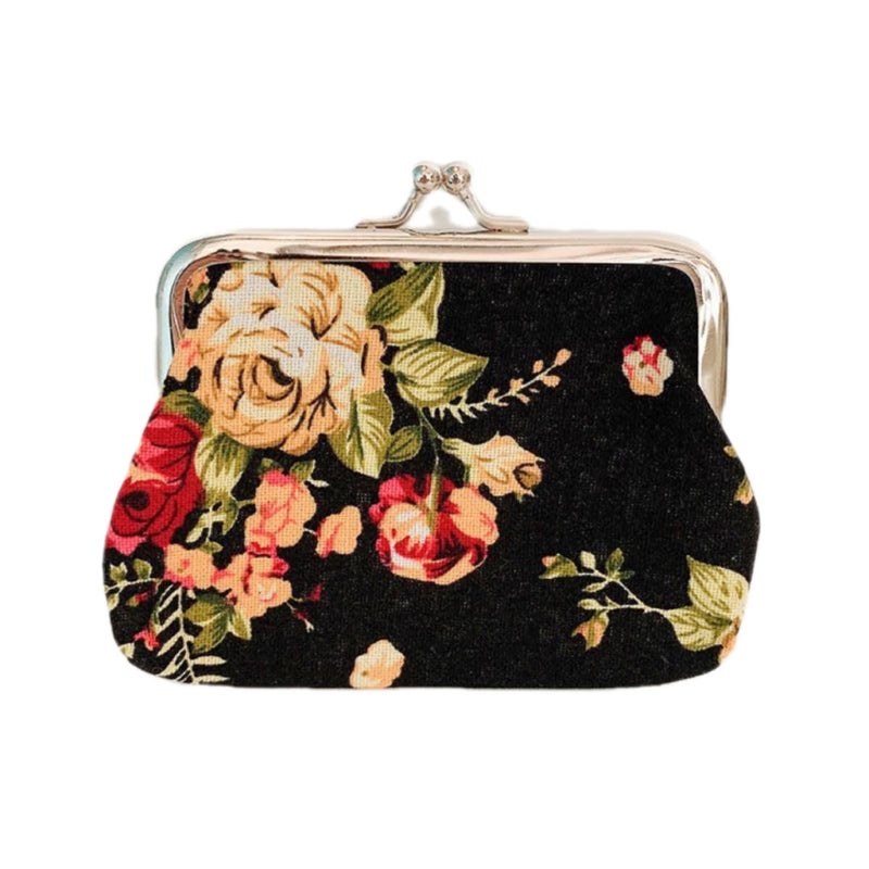 YSSZAM Clearance ! Cute Black Floral Buckle Coin Purses Vintage Pouch Kiss-lock Change Purse Wallets (9cmX7cm) - Image 1