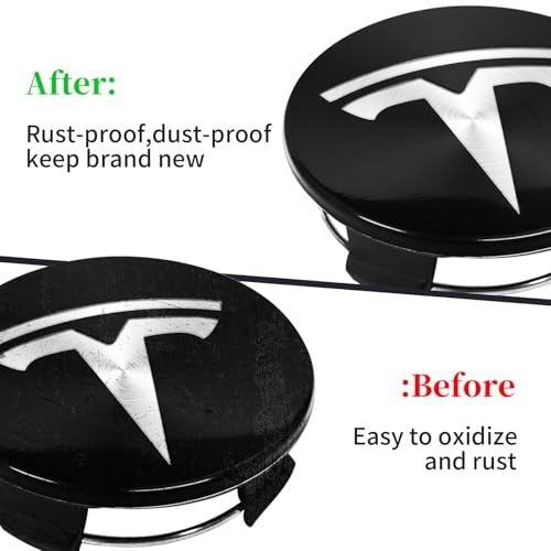 Knomix 4 Pack Exterior Decoration Wheel Center Cover for Tesla Model 3 Model Y,56mm Hubcaps Wheel Rim Cover Tesla Center Caps Hubcaps+20 Black Lug Nut Covers (Glossy Black Backgroud+Silver Emblem) - Image 4