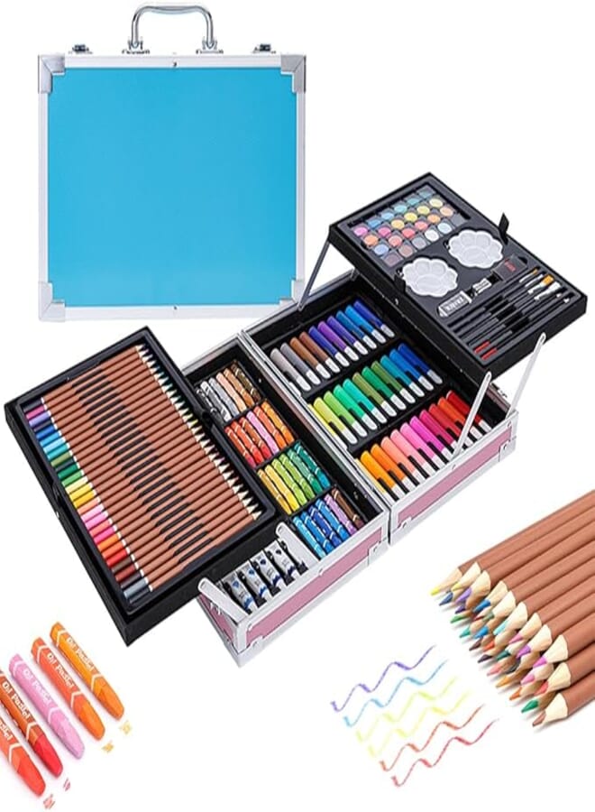 145-Pack Deluxe Art Set with Aluminum Storage Case Includes Watercolor Markers/Palette/Paintbrushes/Pencils/Oil Pastels/Erasers/Pencil Sharpener Vibrant Colors Ideal for Beginners