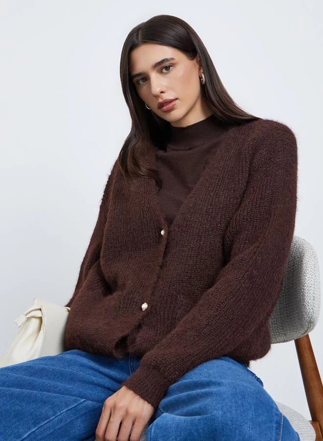 Styli Regular Fit Fuzzy Yarn Button Down Cardigan
