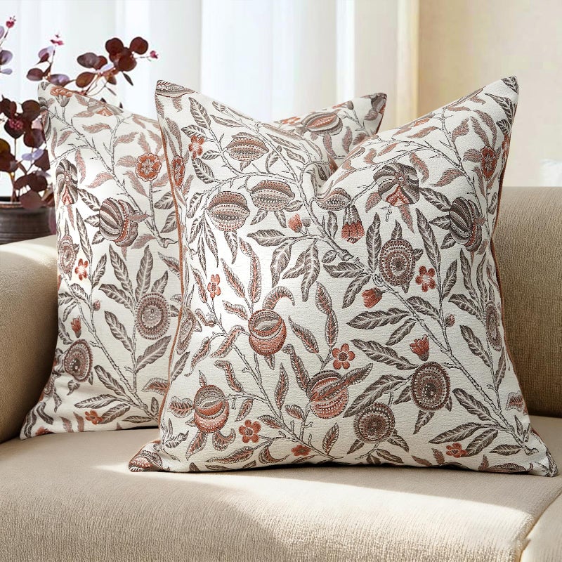 makkey Throw Pillow Covers 18x18 Set of 2 Floral Pillow Cover Vintage Jacquard Pillow Covers for Sofa Bed Living Room Home Decor, Brown - Image 1