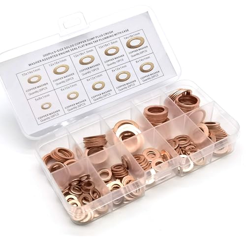 Dogary 200 PCS Copper Crush Washer Kit Flat Ring Oil Drain Plug Crush Washer Gasket Seal Assortment Kit M5 M6 M8 M10 M12 M14 9Size Copper Gasket for Many Types of Vehicles Gold - Image 1