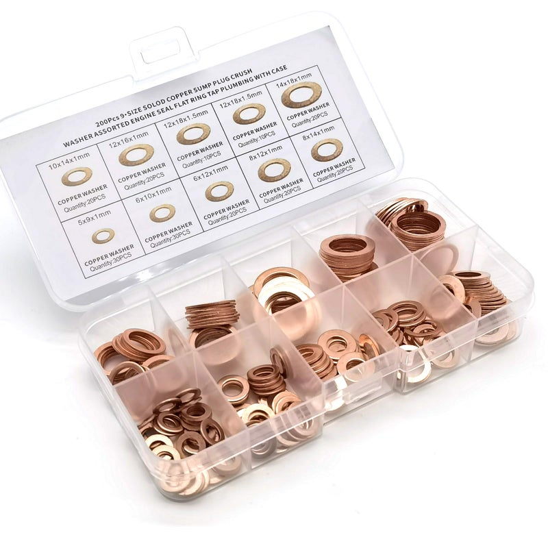 Dogary 200 PCS Copper Crush Washer Kit Flat Ring Oil Drain Plug Crush Washer Gasket Seal Assortment Kit M5 M6 M8 M10 M12 M14 9Size Copper Gasket for Many Types of Vehicles Gold - Image 3