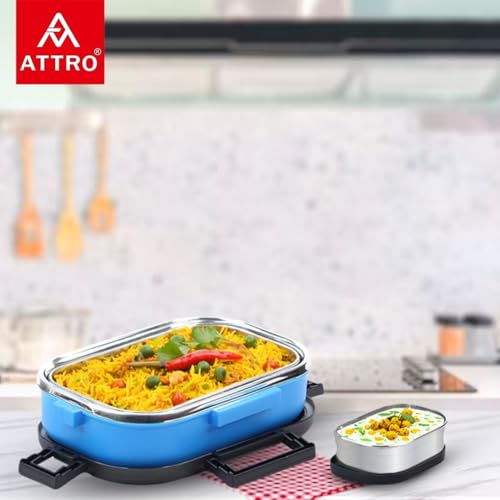 ATTRO Meal Time Stainless Steel Insulated Lunch Box with Small Container Airtight Leak-Proof Perfect for Office, School, Picnic, 800 ml - Sky Blue - Image 2