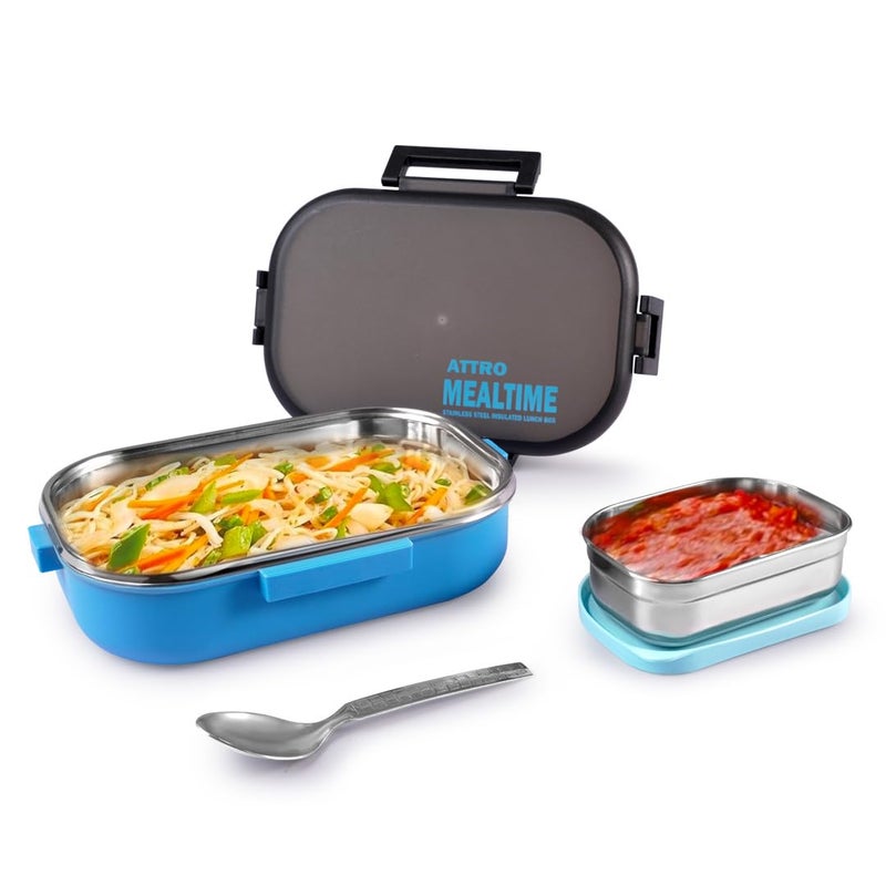 ATTRO Meal Time Stainless Steel Insulated Lunch Box with Small Container Airtight Leak-Proof Perfect for Office, School, Picnic, 800 ml - Sky Blue - Image 4