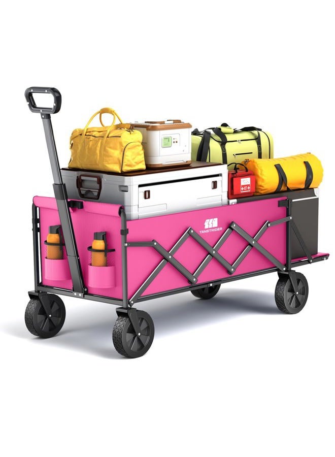 TANSTRIDER Collapsible Wagons Carts Foldable with Extended Tailgate, Folding Wagon Cart on Wheels, Portable Heavy Duty Shopping Carts for Groceries, Apartment, Garden, Camping, Sports, Fishing, Outdoor (Pink) - Image 1