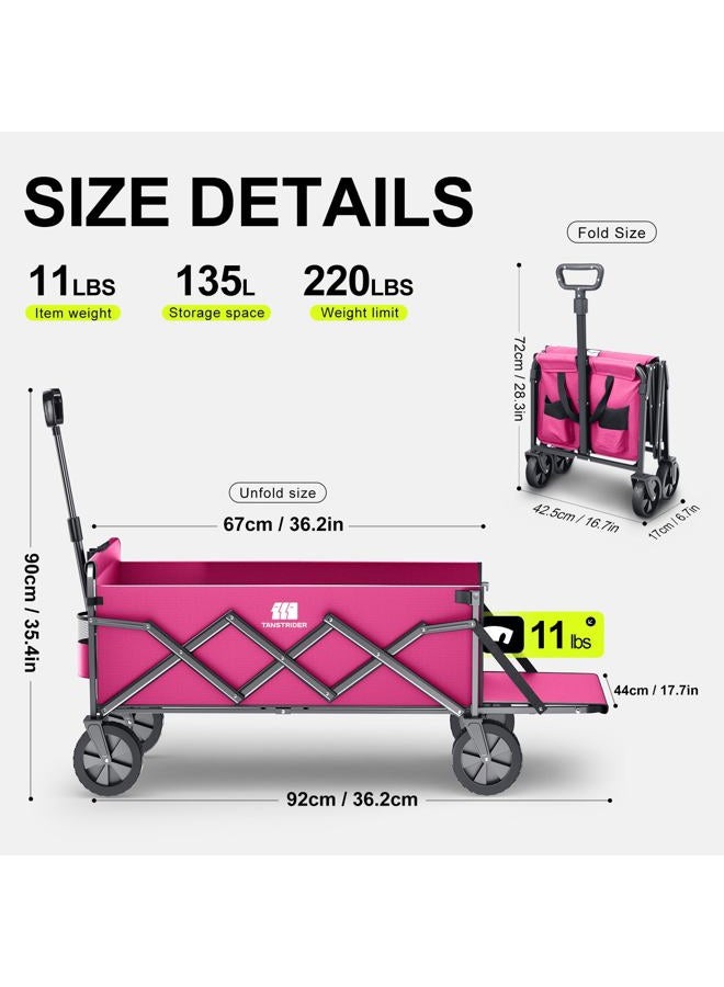 TANSTRIDER Collapsible Wagons Carts Foldable with Extended Tailgate, Folding Wagon Cart on Wheels, Portable Heavy Duty Shopping Carts for Groceries, Apartment, Garden, Camping, Sports, Fishing, Outdoor (Pink) - Image 2