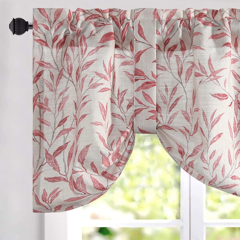 VOGOL VOGOL Tie Up Valances for Windows of Kitchen Lovely Leaf Print Tieup Adjustable Valance for Small Windows Rod Pocket 52 x 18 One Panel Red Leaves 