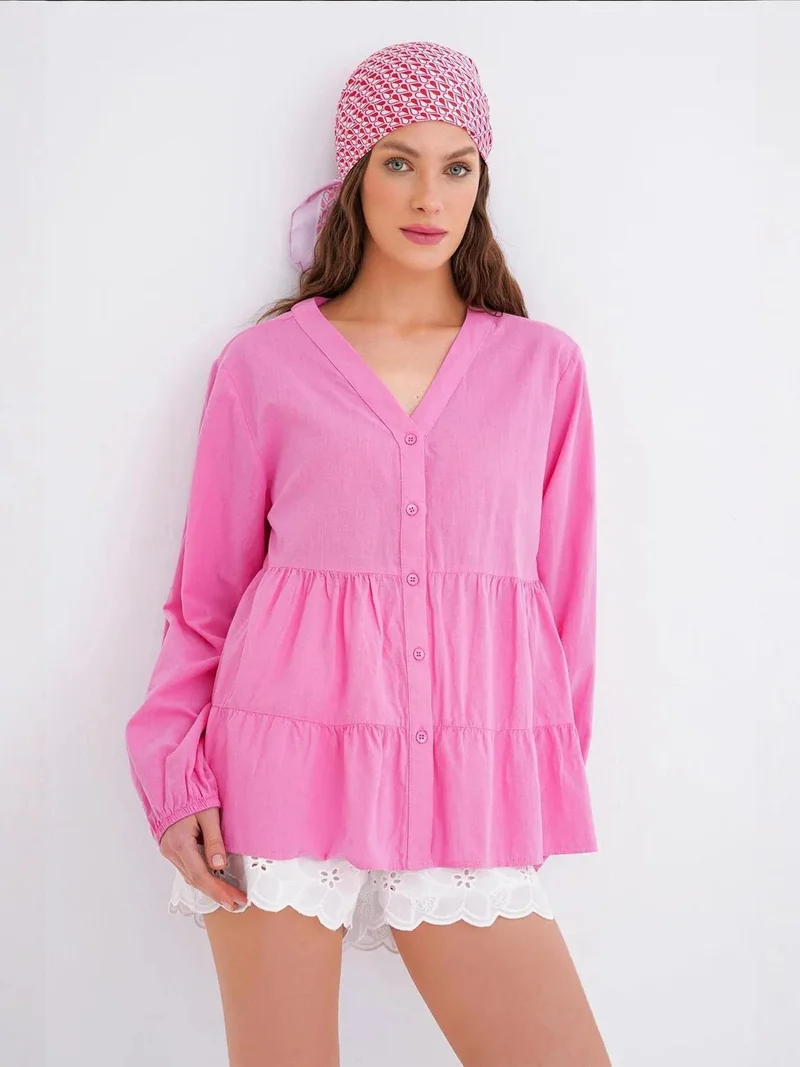 MixRay Mixray Long Sleeve Tiered V-Neck Blouse