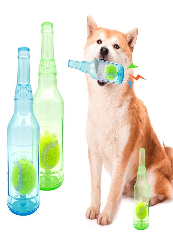 Aerbee 2PCS Water Bottle Dog Toys, Interesting Squeaky Dog Toys, 7.7" Rubber Water Bottle Toys with Tennis Ball, Medium/Small Pet Chew Toy, Outdoor Interactive Keep Them Busy, Blue & Green - Image 1